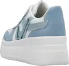 A side view of a white and blue sneaker with a thick white platform sole. Produktbild-Vorschau
