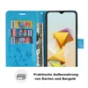 A blue flip case for a smartphone, showing card slots and a bill compartment, with a smartphone displaying a colorful abstract wallpaper. Produktbild-Vorschau