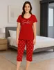 Damen Schlafanzug rot 3/4 Hose Caprihose Größe S Produktbild-Vorschau 2