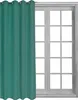 A teal curtain is shown hanging in front of a window with multiple panes. Produktbild-Vorschau