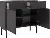 A dark wood sideboard with two doors open, revealing shelves and drawers. Produktbild-Vorschau