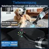 A split image showing a dog on a rug with a vacuum cleaner in the top half, and a close-up of a car interior with a vacuum cleaner in the bottom half. Produktbild-Vorschau