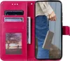 A pink flip phone case with card slots and a photo frame is shown open, with a phone inside displaying a person holding a gray phone case. Produktbild-Vorschau
