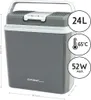 A gray portable cooler box with white accents and a silver handle. Dimensions and capacity are indicated with text and icons. Náhľad obrázku produktu