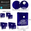 A collage of images showcasing KESSER® Weihnachtsstuhlüberzüge (Christmas chair covers) in blue and white, with various set quantities and a large single cover with dimensions. Produktbild-Vorschau