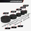 A collection of weight plates and barbells arranged on a light gray background, with labels indicating quantities and weights. Produktbild-Vorschau