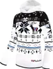 A white and black knitted hoodie with a Norwegian-style pattern, featuring deer and snowflakes. The hoodie has a white hood and a small Norwegian flag on the chest of one of the deer graphics. The brand name 'Nebulus' is visible at the bottom right.