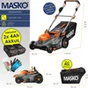 A marketing image showing a MASKO cordless lawnmower with various accessories and dimensions. Produktbild-Vorschau