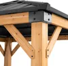 A close-up view of the corner of a wooden gazebo with a black metal roof. Náhled obrázku produktu