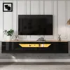 A modern black and wood floating TV stand with LED lighting is mounted on a white paneled wall. Podgląd zdjęcia produktu