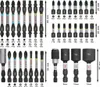 A collection of Bosch screwdriver bits and sockets arranged in a grid on a white background, with measurement indicators. Voir les images du produit