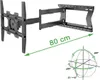 A black TV wall mount is shown extended from a wall plate, with a measurement line indicating 80 cm extension and a diagram showing rotation and tilt angles. Produktbild-Vorschau