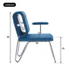A side view of a blue chair with dimensions indicated by measurement lines and numbers. Voir les images du produit