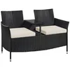 A black polyrattan loveseat with beige cushions and a built-in table. Produktbild-Vorschau