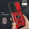 A hand holding a red and black phone case with a ring holder. Produktbild-Vorschau