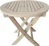 A round, foldable wooden table with a slatted top and X-shaped legs, presented against a white background. Produktbild-Vorschau