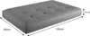 A gray tufted cushion with dimensions indicated by arrows and text. Produktbild-Vorschau