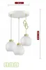 A white pendant light fixture with three glass globes and gold accents, shown with measurement indicators. Produktbild-Vorschau