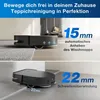 Two images showing a robot vacuum cleaner on different surfaces, with text highlighting its features. Produktbild-Vorschau
