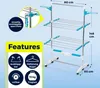 A marketing image of a three-tier drying rack with features highlighted. Voir les images du produit