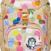 Close-up of a child's backpack with a colorful polka dot pattern and a kitten graphic. Produktbild-Vorschau