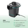 A black electric pump with teal accents is shown against a white and light green background, with text describing its features. Produktbild-Vorschau