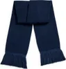 A folded navy blue knitted scarf with fringe on both ends, laid flat against a white background. Produktbild-Vorschau
