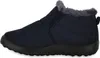 A side view of a dark blue winter bootie with gray faux fur trim. Produktbild-Vorschau