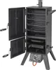 A black gas smoker with its doors open, showing the interior racks and a gas burner assembly at the bottom. Produktbild-Vorschau