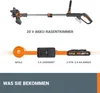 A marketing image showing a cordless trimmer, charger, and batteries, with accompanying text. Produktbild-Vorschau
