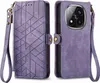 A purple phone case with a geometric design and a wrist strap is shown from two angles. Anteprima dell’immagine prodotto