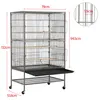 A multi-level bird cage with wooden perches and a pull-out tray, shown on a white background with dimensions indicated. Produktbild-Vorschau