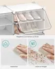 A split image showing a white shoe rack with shoes inside and two smaller images demonstrating its waterproof and easy-to-clean features. Produktbild-Vorschau