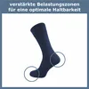 A dark blue sock is shown with circles highlighting reinforced areas on the heel and toe. Produktbild-Vorschau
