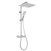 A chrome shower system with a square overhead shower head and a handheld shower head, mounted on a vertical pole with a thermostat. Produktbild-Vorschau