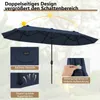 A large, navy blue double patio umbrella is shown, with close-up insets highlighting its features. Anteprima dell’immagine prodotto