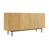 A wooden sideboard with gold geometric accents and black legs, presented against a white background. Náhľad obrázku produktu
