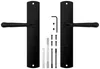 A set of black door handles and associated hardware displayed against a white background. Produktbild-Vorschau