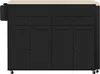A black kitchen island with a natural wood top, shown from the front. Voir les images du produit