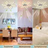 A collage showing a modern ceiling fan light in three different room settings: a dining room, a living room, and a bedroom. Produktbild-Vorschau