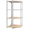 A corner shelving unit with four shelves.