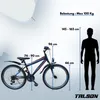 A bicycle with dimensions and weight limit information, alongside a silhouette of a person for scale. Produktbild-Vorschau