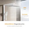 A modern white shower system with a large rain showerhead and a handheld showerhead, with text highlighting features. Podgląd zdjęcia produktu