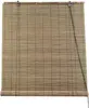 A rolled-up bamboo blind hanging against a white background. Voir les images du produit