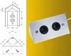 A product shot of a stainless steel electrical outlet element with technical drawings on the left. Produktbild-Vorschau