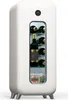 A white freestanding wine cooler with a glass door, showing bottles of wine and cans inside. Produktbild-Vorschau
