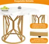 A close-up of a round dining table with a marble-patterned top and a geometric gold base, with inset images highlighting its features. Náhľad obrázku produktu
