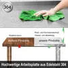 A split image showing a close-up of a stainless steel countertop being cleaned in the top panel, and a comparison of a rusted product versus a clean stainless steel product in the bottom panel, with text overlay. Voir les images du produit