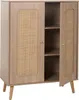 A light brown wooden highboard with two doors, one open, revealing shelves. The doors have woven rattan inserts and wooden knobs. The highboard stands on four tapered wooden legs. Podgląd zdjęcia produktu