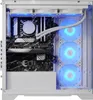 A white gaming PC case with internal components visible, illuminated by blue LED lights. Produktbild-Vorschau